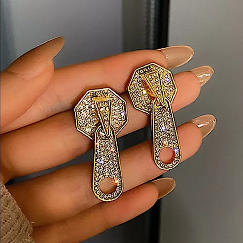 Gold 18K GP Rhinestone Zipper Earrings - Picture 2 of 4